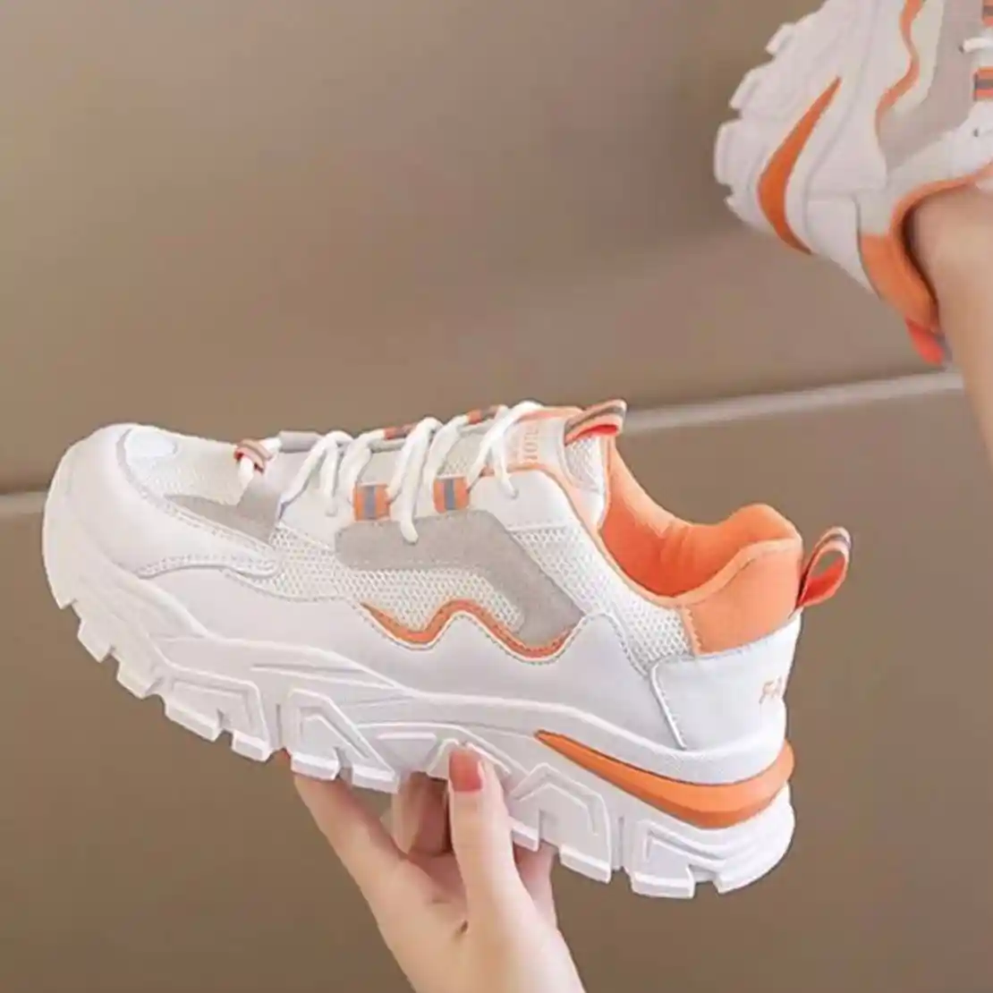 کتونی اسپرت لژدار زنانه طبی موج سفید نارنجی Women’s Platform Orthopedic Wave White Orange Sneakers